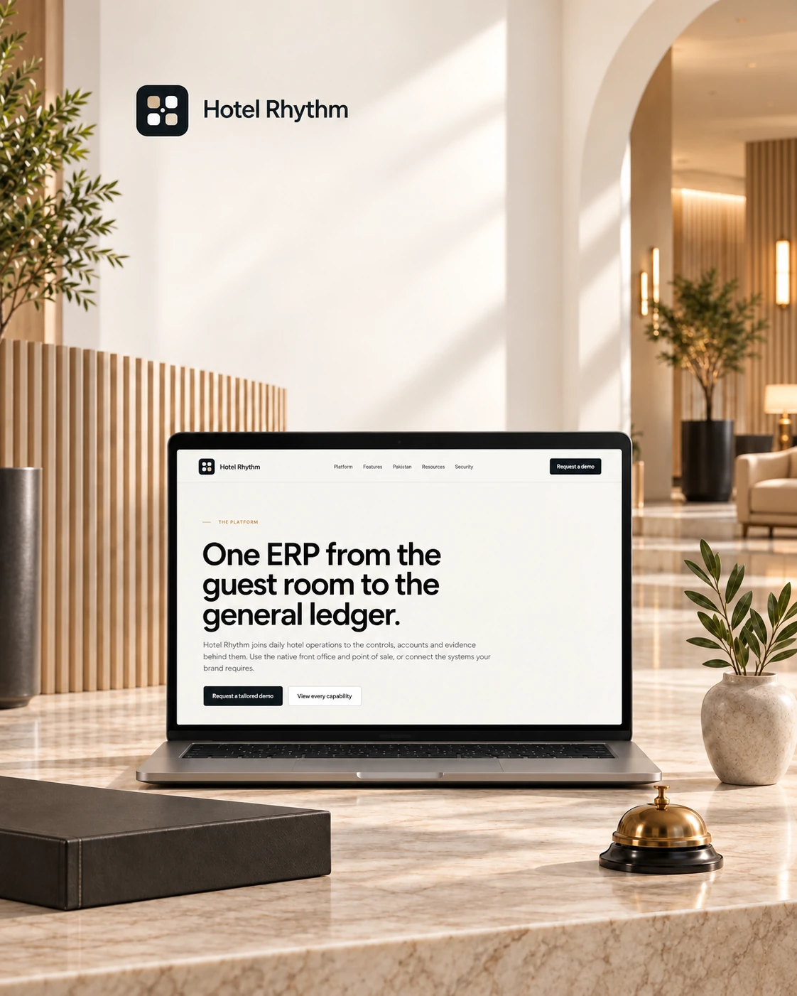 Hotel Rhythm visual showing the hospitality ERP platform on a laptop in a hotel setting