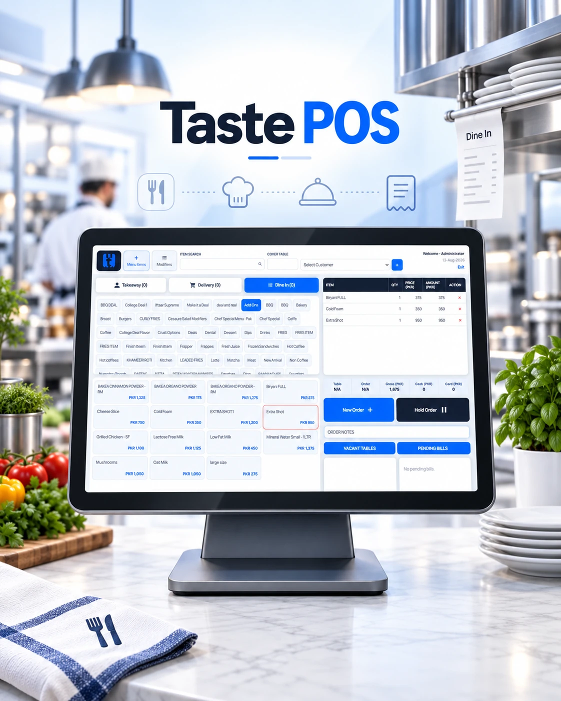 Taste POS visual with the complete restaurant ordering workspace displayed on a terminal